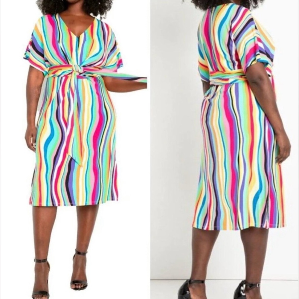 Nwt Eloquii Colorful Striped belted vnwck Midi Dress size 26